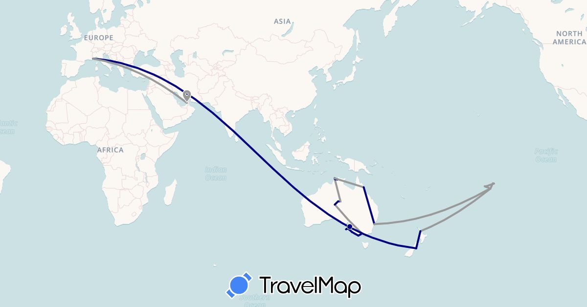 TravelMap itinerary: driving, plane in United Arab Emirates, Australia, France, New Zealand, French Polynesia (Asia, Europe, Oceania)